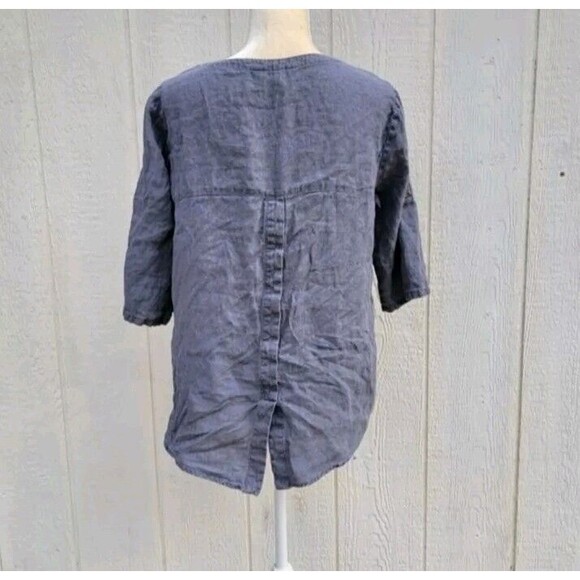 Ellen Tracy Linen Blouse Size M Gray Half Zip Top 3/4 Roll Tab Sleeves Medium - Picture 2 of 4